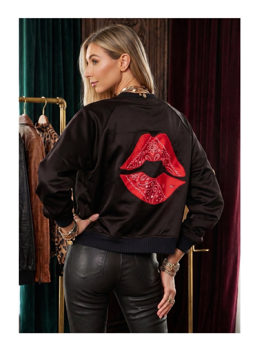 HTF: new Lauren Moshi ᨎ Trishelle Bandana Lip Satin Bomber Jacket ᨎ Black Large